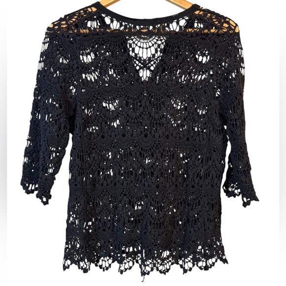 Black short sleeve crochet shirt loose knit shirt cover up | Women’s S - Picture 2 of 7